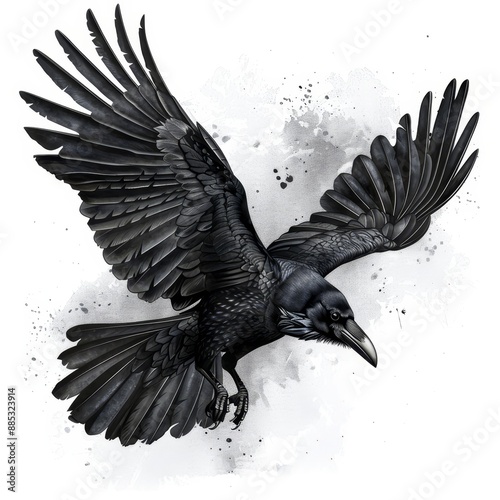 On a white background, sketch a black crow flying photo