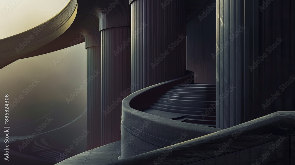 Obraz premium A grand staircase with ornate columns leading up to a mysterious, glowing doorway. The architecture is suggestive of an ancient temple or a futuristic palace.