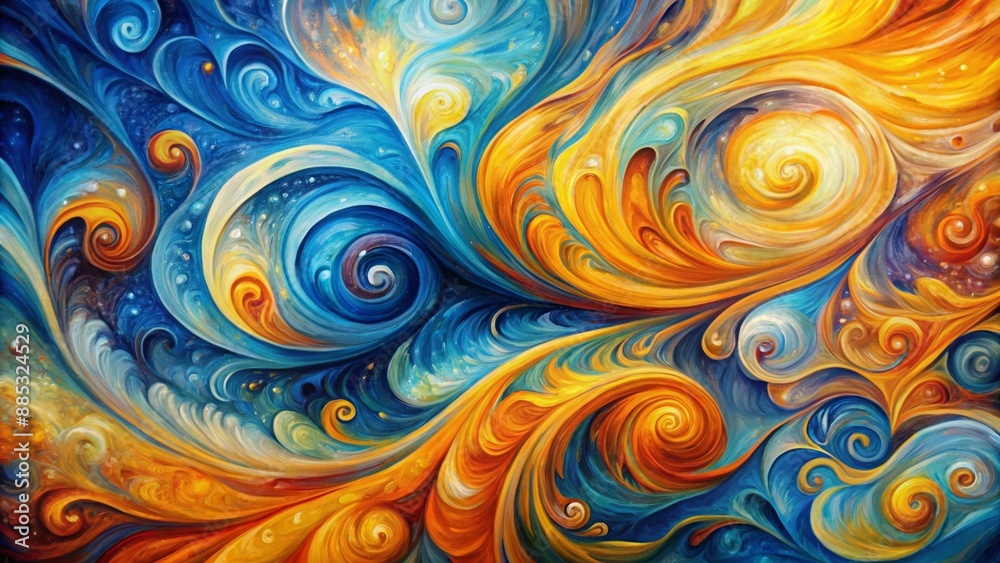 Vibrant, expressive oil on canvas artwork featuring intricate swirls of blue, yellow, and orange hues, perfect as a unique abstract painting background or texture. Vibrant, expressive oil on canvas artwork featuring intricate swirls of blue, yellow, and orange hues, perfect as a unique abstract painting background or texture.