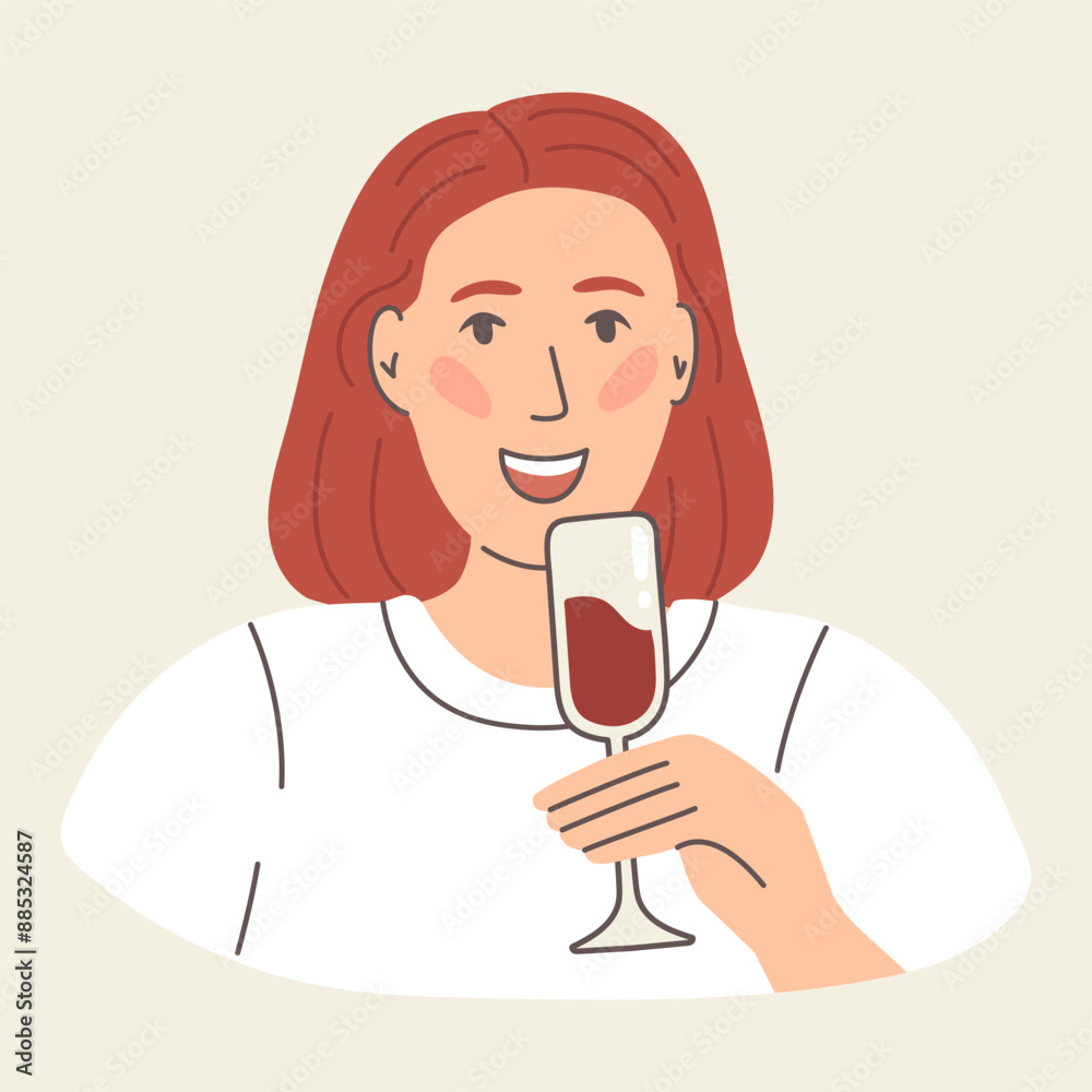 Young happy woman in a good mood holding a glass of wine, girl in a white t-shirt drinking alcohol, flat illustration isolated Young happy woman in a good mood holding a glass of wine, girl in a white t-shirt drinking alcohol, flat illustration isolated