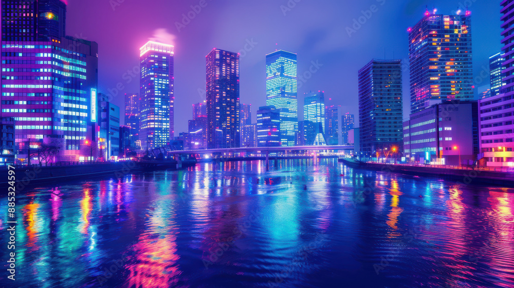 Obraz premium A vibrant cityscape at night with skyscrapers illuminated by colorful lights and reflections in the river