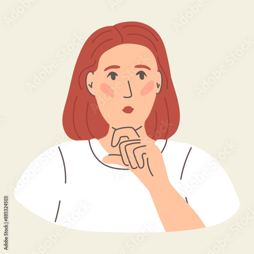 Woman thinking about curious thought, idea. Interested female character touching chin, planning, contemplating, wondering, guessing and plotting. Flat vector illustration isolated on white background