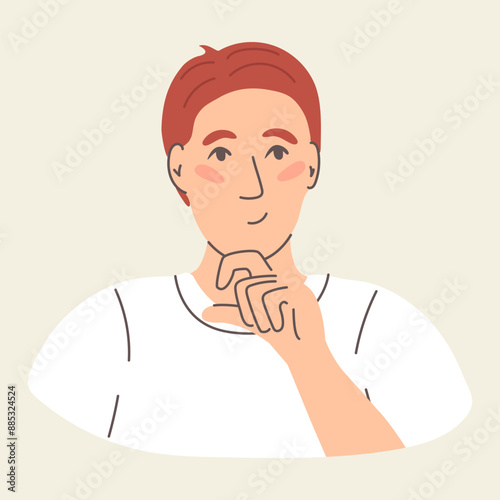 Man thinking about curious thought, idea. Interested male character touching chin, planning, contemplating, wondering, guessing and plotting. Flat vector illustration isolated 