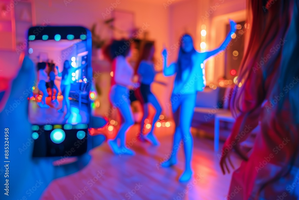 Obraz premium A young Asian woman created her dancing video with her friend using her smartphone camera. She uploaded the video to the social media platform Tiktok.