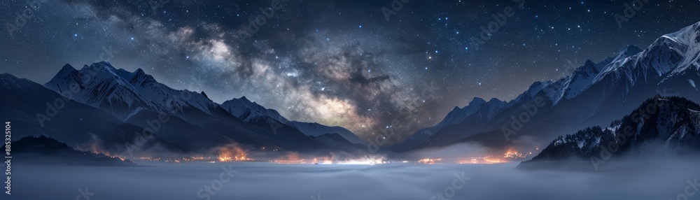 Stunning night sky panorama with Milky Way over mountain range and foggy valley, illuminated town lights create a mystical atmosphere.