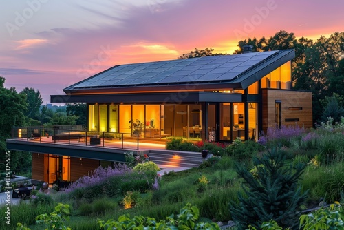 Modern Home with Solar Panels at Sunset
