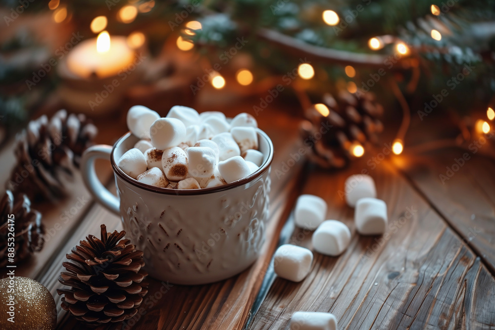 Hot cocoa with marshmallow in a white ceramic mug on a wooden table. Cozy holidays and New Year Hot cocoa with marshmallow in a white ceramic mug on a wooden table. Cozy holidays and New Year
