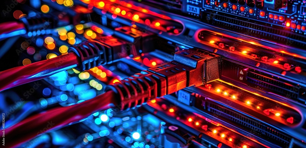 several black cables attached to the data server device that flash yellow and blue lights several black cables attached to the data server device that flash yellow and blue lights