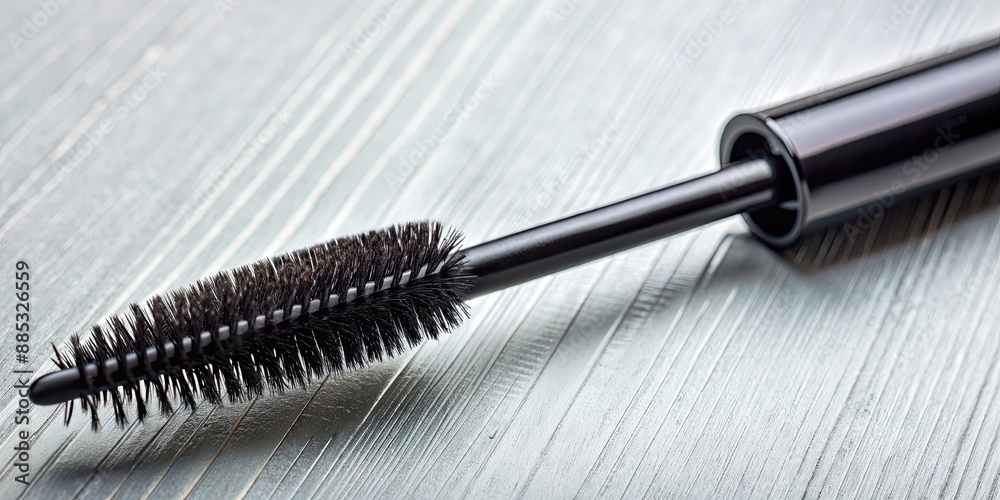 Naklejka premium Black mascara brush on background, makeup, beauty, cosmetic, mascara, brush, black,isolated, fashion, glamour, close-up