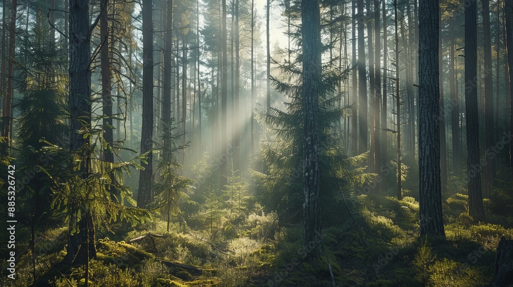 Naklejka premium A dense forest with sunlight filtering through the tall trees, creating a magical, serene atmosphere