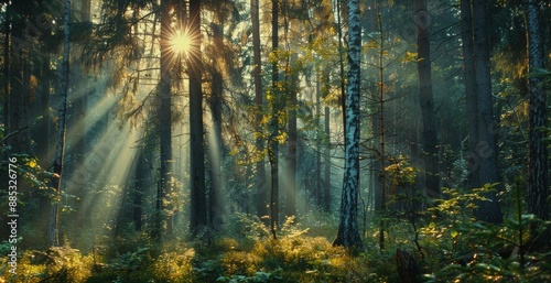 A dense forest with sunlight filtering through the tall trees, creating a magical, serene atmosphere