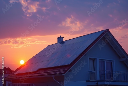 Solar Panels on a House Roof at Sunset © Shahrimi