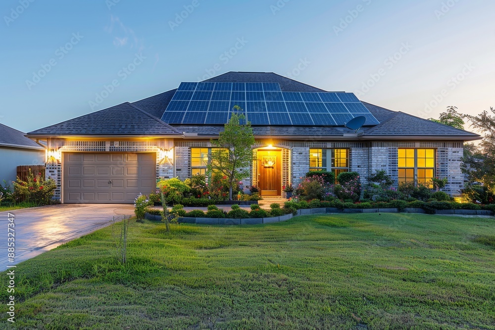 Obraz premium Modern Brick Home with Solar Panels at Dusk