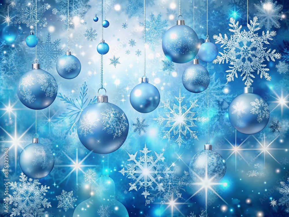 Sparkling blue winter wonderland background featuring delicate snowflakes gently falling amidst shimmering Christmas ornaments and balls, evoking festive holiday cheer and magic. Sparkling blue winter wonderland background featuring delicate snowflakes gently falling amidst shimmering Christmas ornaments and balls, evoking festive holiday cheer and magic.
