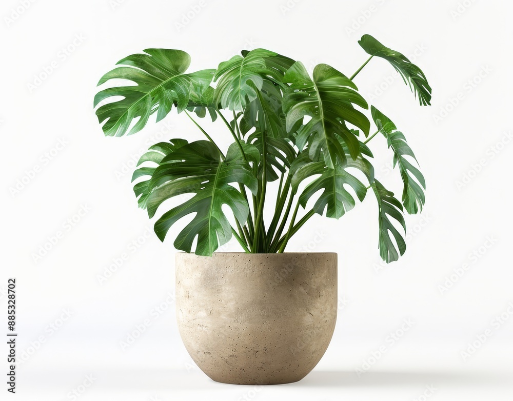 On a white background, a Monstera deliciosa in a gray pot On a white background, a Monstera deliciosa in a gray pot