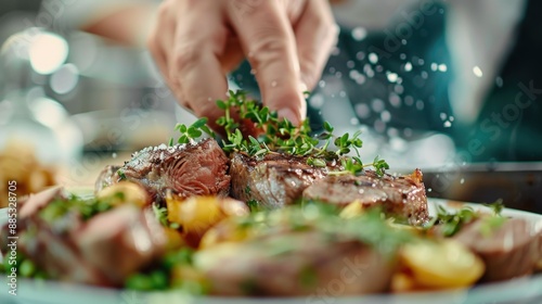 A chef is seen adding garnishes to a perfectly cooked steak dish, showcasing culinary skill, flavor enhancement, and attention to detail in a contemporary kitchen.