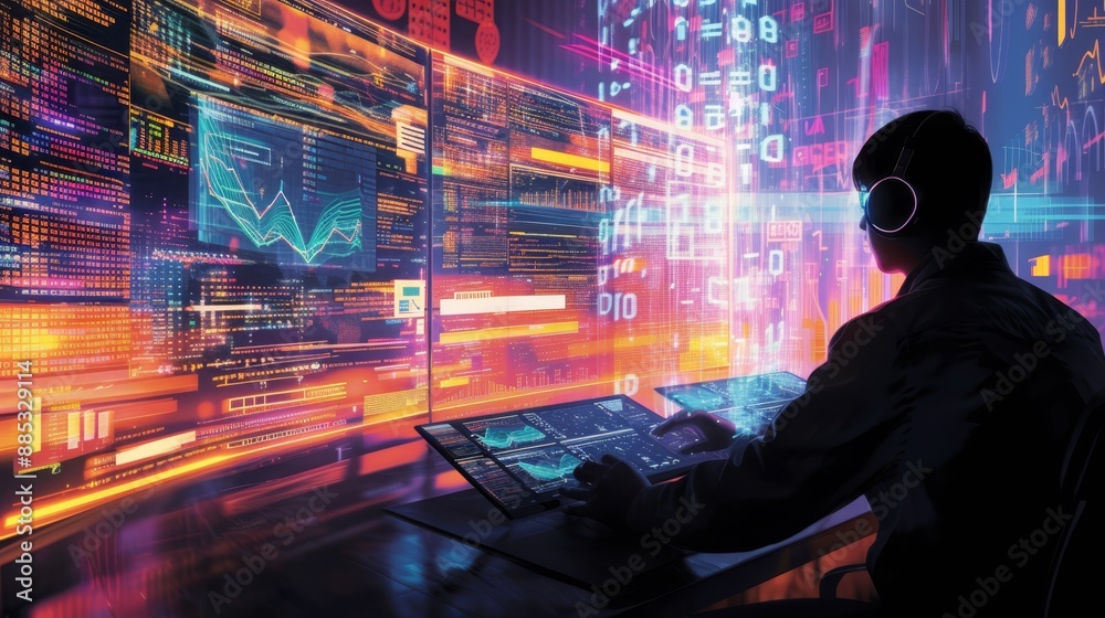A data scientist at work amidst glowings screens and cascading data streams symbolizing the complex nature of data analysis AI generated illustration A data scientist at work amidst glowings screens and cascading data streams symbolizing the complex nature of data analysis AI generated illustration