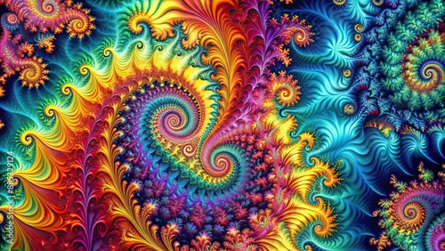 Intricate fractal pattern with vibrant colors and swirling shapes, fractal, pattern, intricate, mesmerizing, vibrant