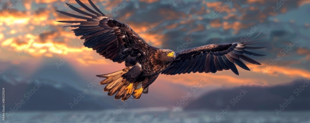 Obraz premium Majestic eagle soaring in the sky at sunset with mountains in the background, showcasing nature's beauty and strength.