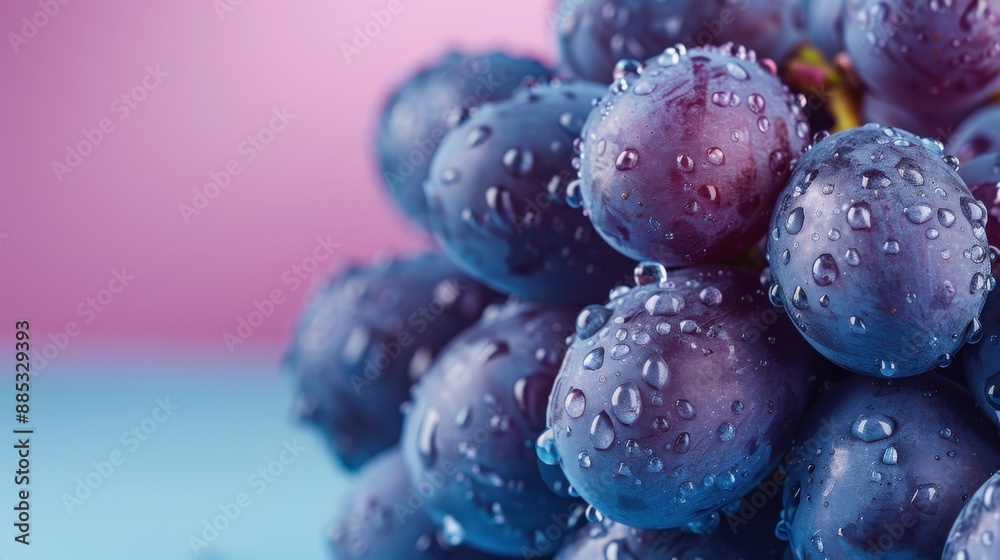 An up-close view of purple grapes covered with water droplets on a colorful background, emphasizing the freshness and juiciness of the grapes in a vibrant setting. An up-close view of purple grapes covered with water droplets on a colorful background, emphasizing the freshness and juiciness of the grapes in a vibrant setting.