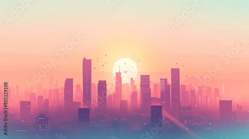 A delicate pastel gradient sunrise depicting the silhouette of an eco-city AI generated illustration