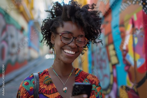 Professional black woman smiling and using a mobile phone, Generative AI