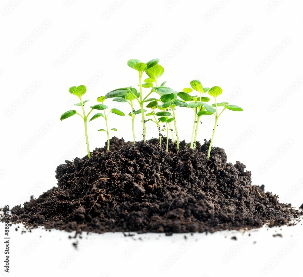 Isolated on white background, a green clover plant grows in a soil heap pile Isolated on white background, a green clover plant grows in a soil heap pile