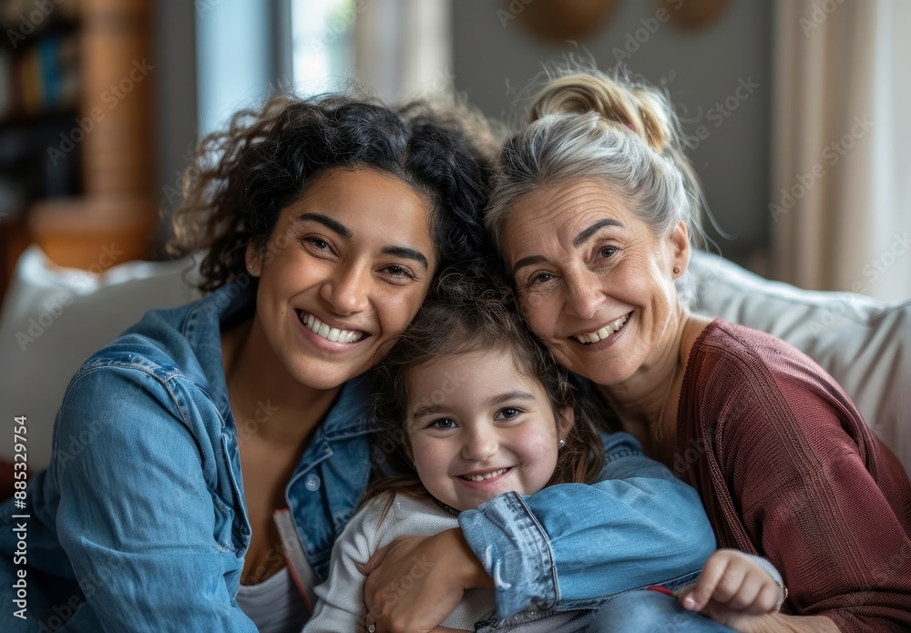 Mom, grandmother, and child hug in a portrait for mothers day on a sofa in a Colombian house. Mama and elderly woman love hugging a young girl or child. Mom, grandmother, and child hug in a portrait for mothers day on a sofa in a Colombian house. Mama and elderly woman love hugging a young girl or child.
