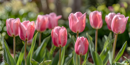 Um jardim tranquilo com tulipas florescendo photo