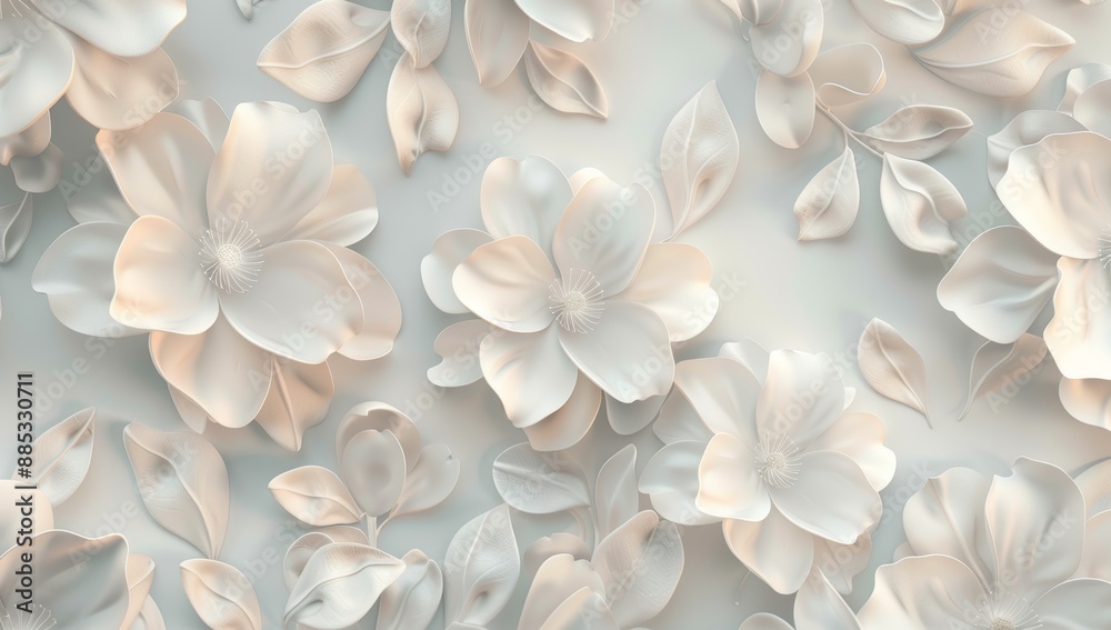 Fototapeta premium Flowers on the old white wall background, digital wall tiles or wallpaper design with a cement damask pattern.