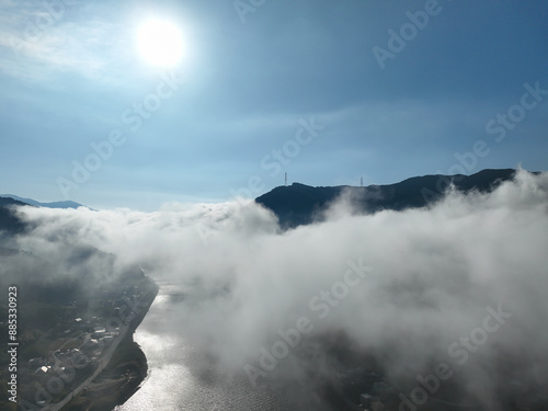 愛媛県大洲市　上空から見た肱川あらし