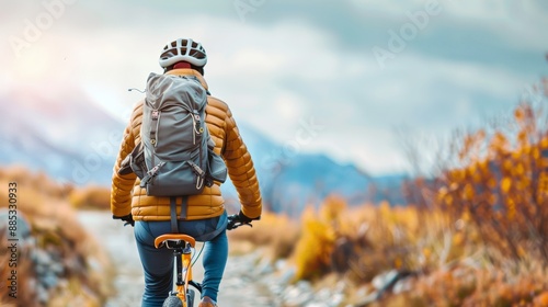 Cyclist riding mountain bike in the autumn landscape.