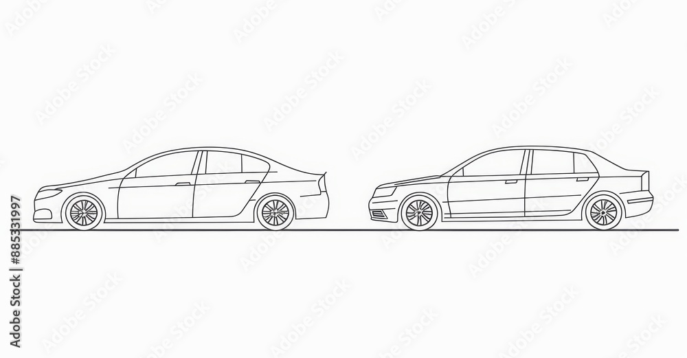 Fototapeta premium The image shows a continuous line drawing of two cars moving in street traffic - transparent PNG image