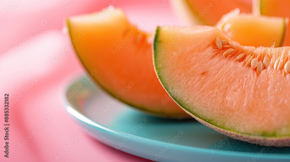 This vibrant image features juicy cantaloupe slices artistically arranged on a blue plate, set against a striking pink background that emphasizes the freshness and texture. This vibrant image features juicy cantaloupe slices artistically arranged on a blue plate, set against a striking pink background that emphasizes the freshness and texture.