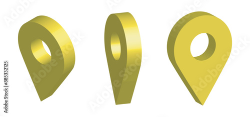 3D Yellow location pin in different rotations. Navigation mark. Golden travel tag. Minimal element for map, web and gps. Cartoon creative design icon set isolated on white. 3D Vector illustration