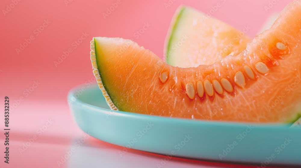 Close-up shot of fresh cantaloupe melon slices with seeds on a vibrant blue plate, against a contrasting pink background, creating a fresh summery vibe. Close-up shot of fresh cantaloupe melon slices with seeds on a vibrant blue plate, against a contrasting pink background, creating a fresh summery vibe.
