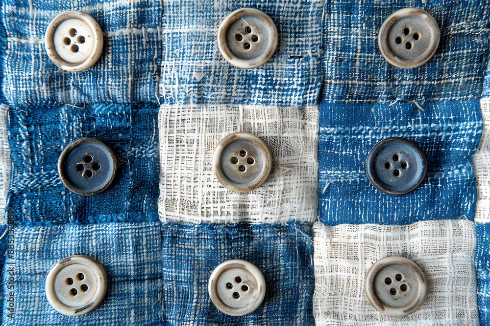 Patchwork Fabric with Buttons in Blue and White Tones Patchwork Fabric with Buttons in Blue and White Tones