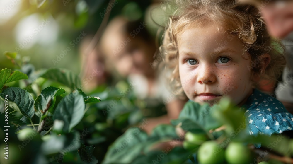 A close-up of a little girl with blond curls diligently picking green tomatoes in a lush field, capturing an innocent and focused moment amidst the abundance of nature. A close-up of a little girl with blond curls diligently picking green tomatoes in a lush field, capturing an innocent and focused moment amidst the abundance of nature.