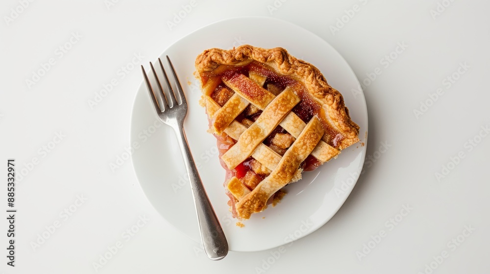 A flat lay picture of a slice of pie with a single fork next to it against a white background AI generated illustration A flat lay picture of a slice of pie with a single fork next to it against a white background AI generated illustration