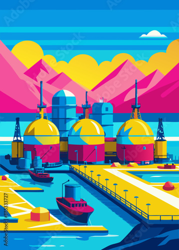 Liquefied Natural Gas (LNG) storage tanks at harbour boat on the sea view of the city from the river refinery at night