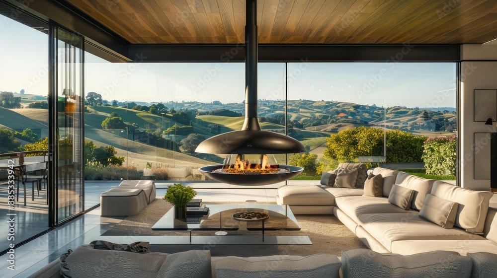 A luxurious living room with a modern suspended fireplace A luxurious living room with a modern suspended fireplace