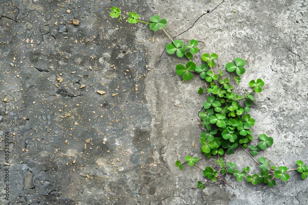 Green plants with yellow flower patterns grow in concrete cracks on a background of a concrete floor and space. Green plants with yellow flower patterns grow in concrete cracks on a background of a concrete floor and space.