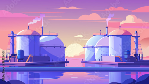 Liquefied Natural Gas (LNG) storage tanks at harbour boat on the sea view of the city from the river refinery at night