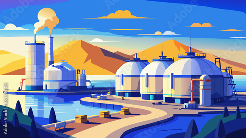 Liquefied Natural Gas (LNG) storage tanks at harbour boat on the sea view of the city from the river refinery at night
