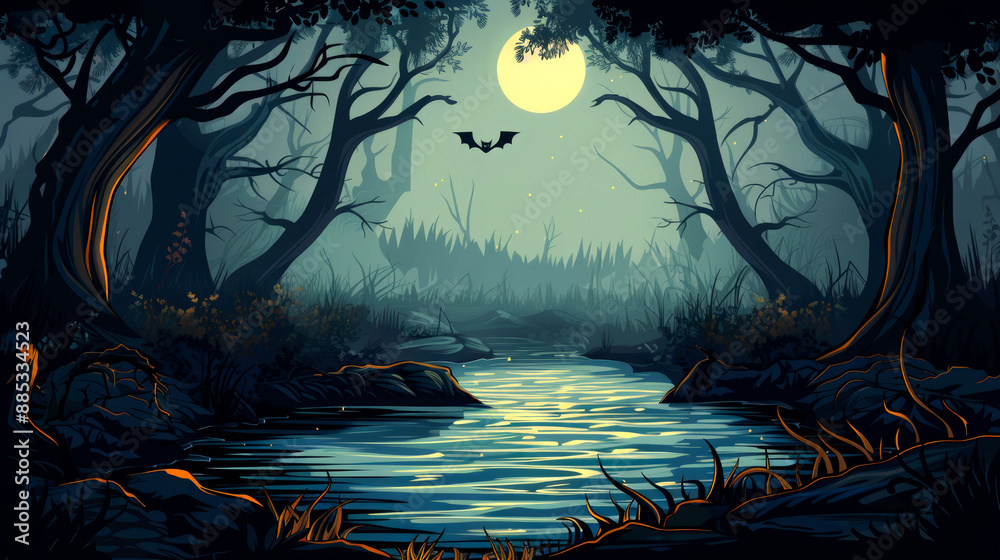 Fototapeta premium illustration art horror river in forest on night
