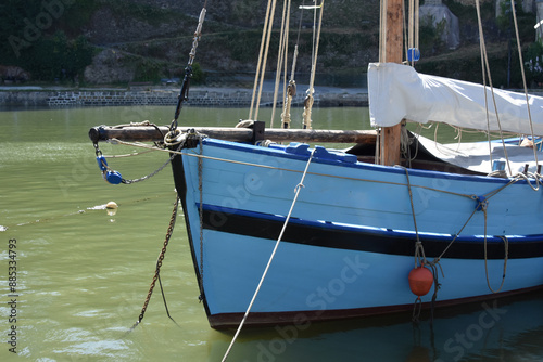 Blue boat, Auray,  Saint Goustan, The beauty of Brittany, The golf of Morbihan. Colors of beauty of Britanny. photo