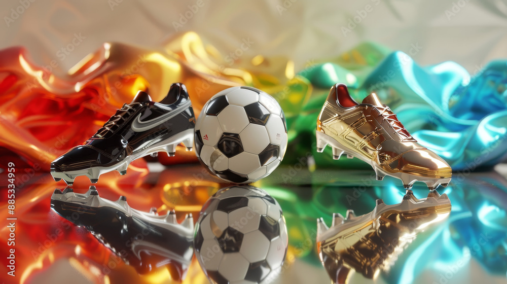 Naklejka premium This vibrant 3D rendering illustrates the essence of professional football, featuring a pair of soccer shoes and a soccer ball set against a striking multi-colored background.