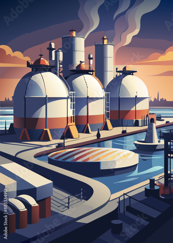 Liquefied Natural Gas (LNG) storage tanks at harbour boat on the sea view of the city from the river refinery at night