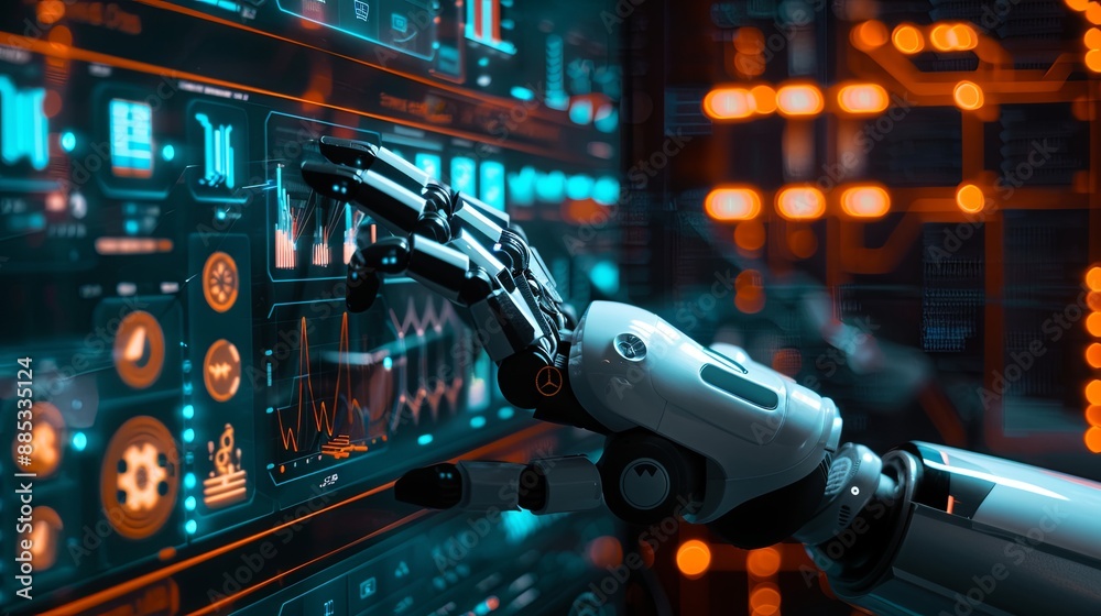 Fototapeta premium Businessman touch automated data management system to create reports with KPIs and indicators connected to the database. Data analysis with intelligent AI robot technology in business analysis