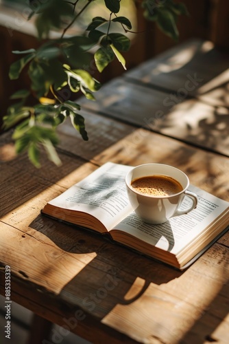 A high definition cinematic visual of a book on a table with a coffee cup  AI generated illustration
